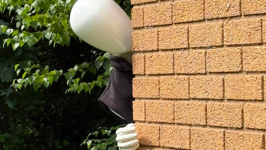 a faceless mannequin peers around a corner of a brick wall