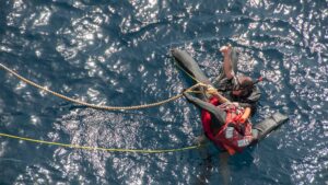 A man overboard drill aboard the amphibious transport dock ship USS San Diego. Photo courtesy of US Navy