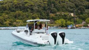 the aft view of a small boat with two Honda engines