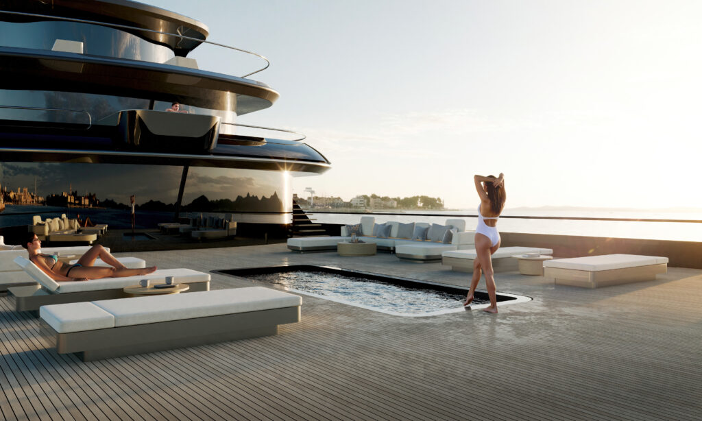 65米Sunreef Explorer游艇效果图,显示船尾泳池