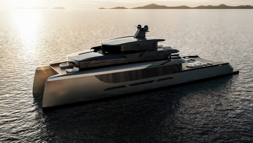 Rendering of new 65m sunreef explorer catamaran side profile