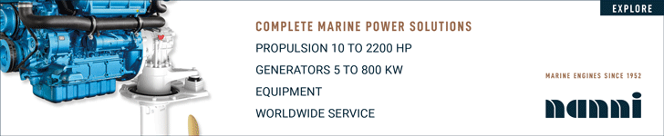 Banner advertisement showcasing marine power solutions, highlighting propulsion, generators, equipment and global services by Nanni.