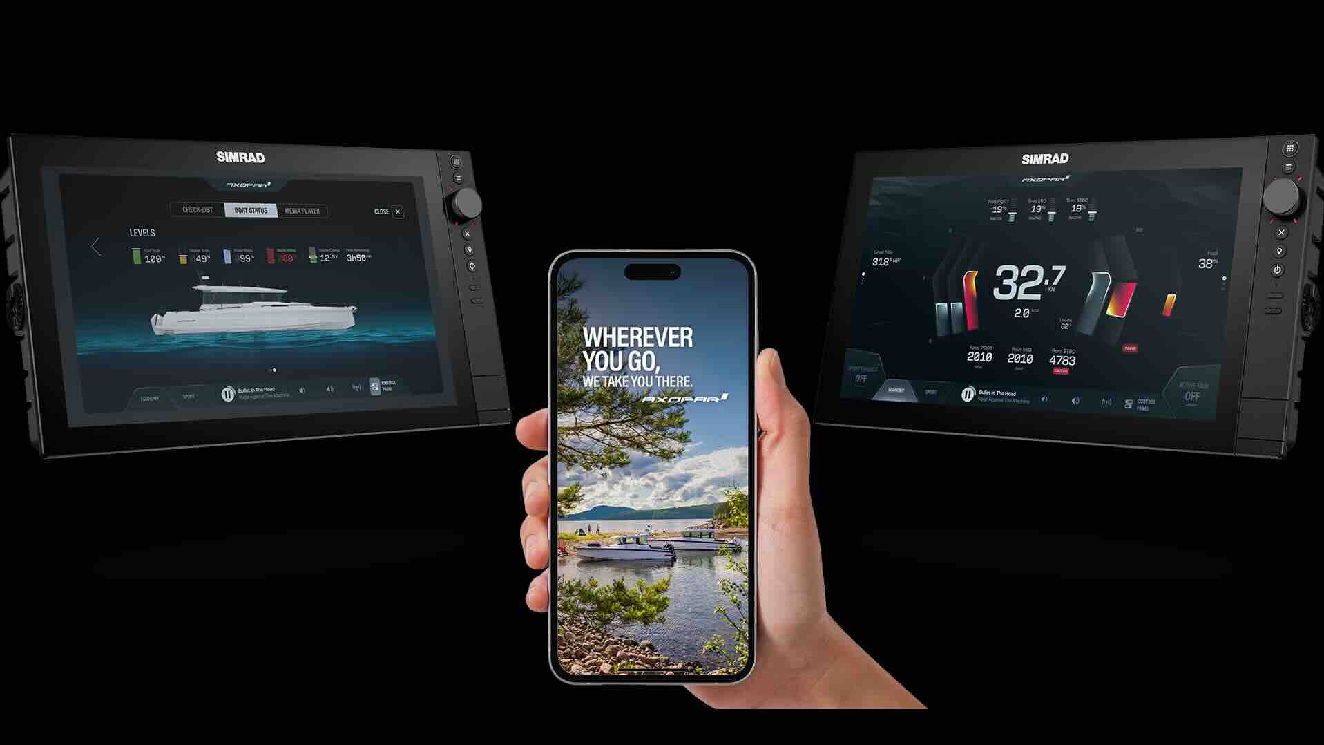 Brand poster showing Axopar app and boat monitoring homepage