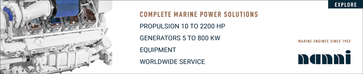 Banner advertisement showcasing marine power solutions, highlighting propulsion, generators, equipment and global services by Nanni.