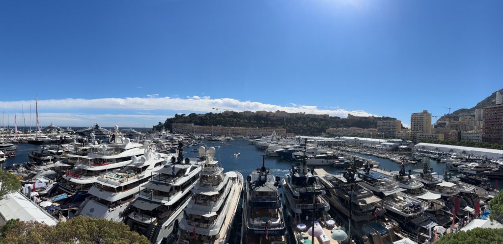 View of Monaco with superyachts lined up