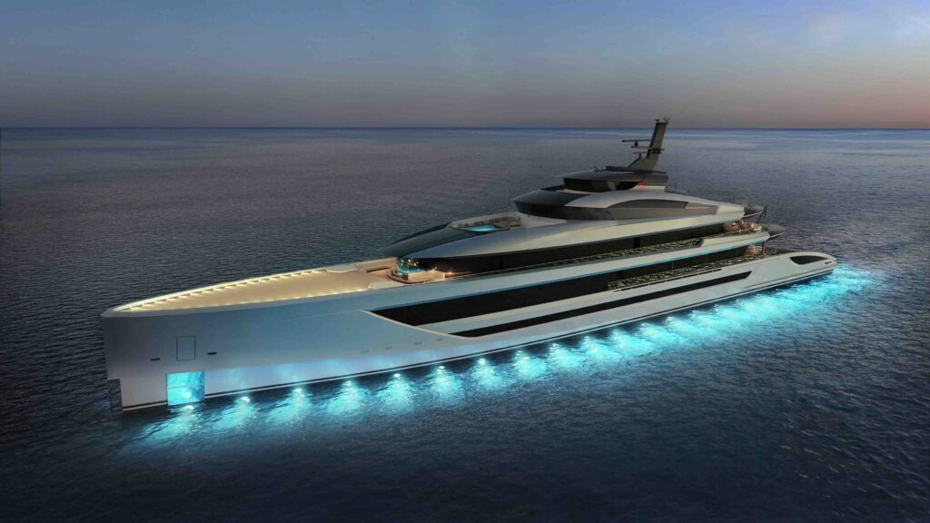 Superyacht rendering: luxury 80-metre vessel with underwater lights