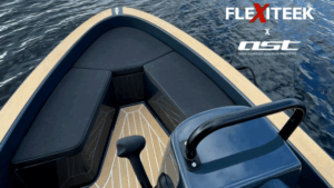 close up of bow of RIB boat with beige decking