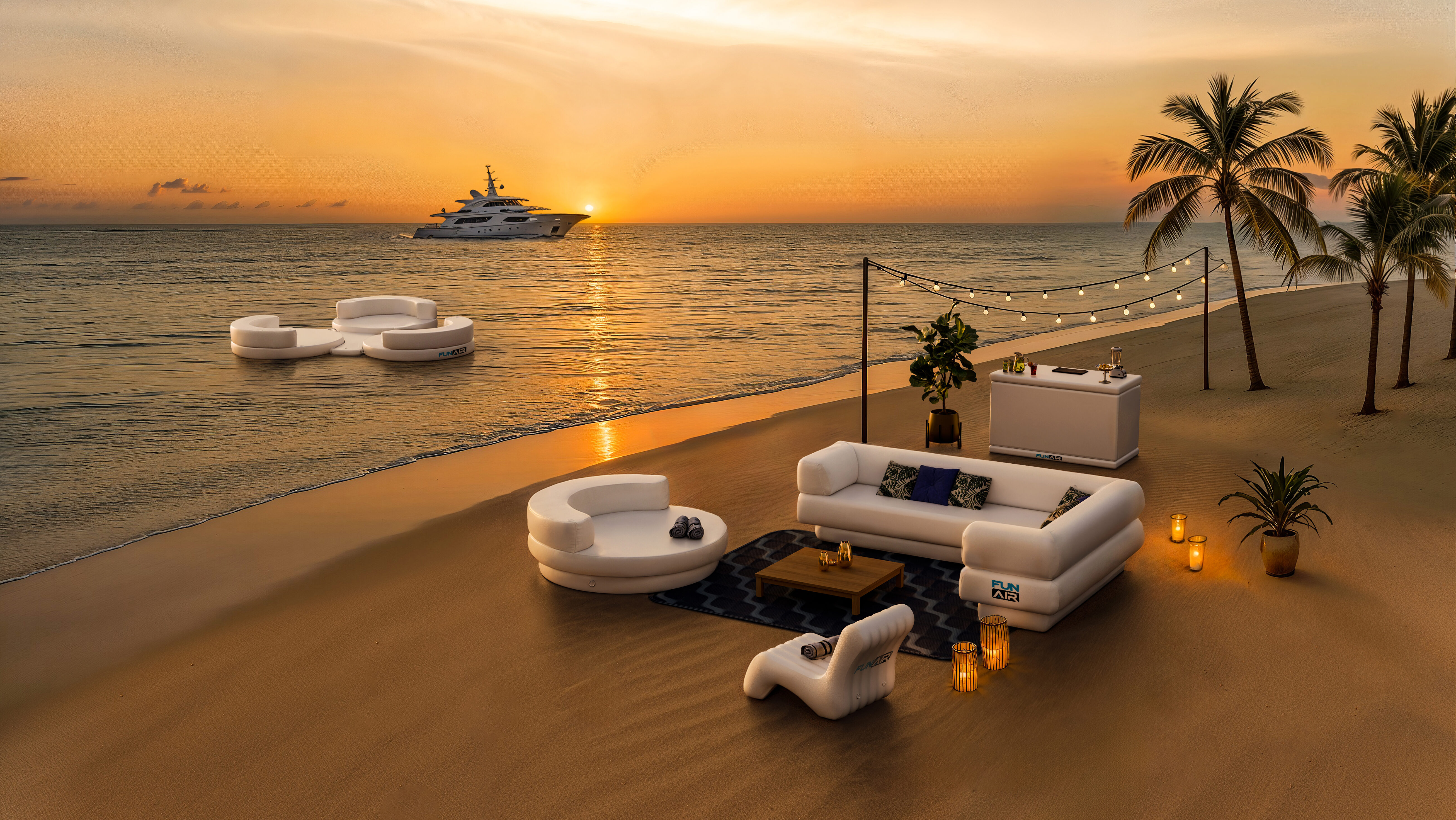 Rending of FunAir sunset inflatable beach furniture setup