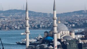 Istanbul Turkey aerial shot with minarets
