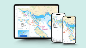 An image showing an iPad screen and two iPhone screens showing the new Savvy Navvy navigation app