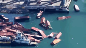 Multiple shipping containers fall off cargo ship into water at Port of Long Beach