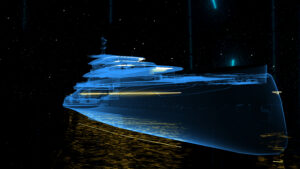 futuristic rendering image of a blue yacht against black background