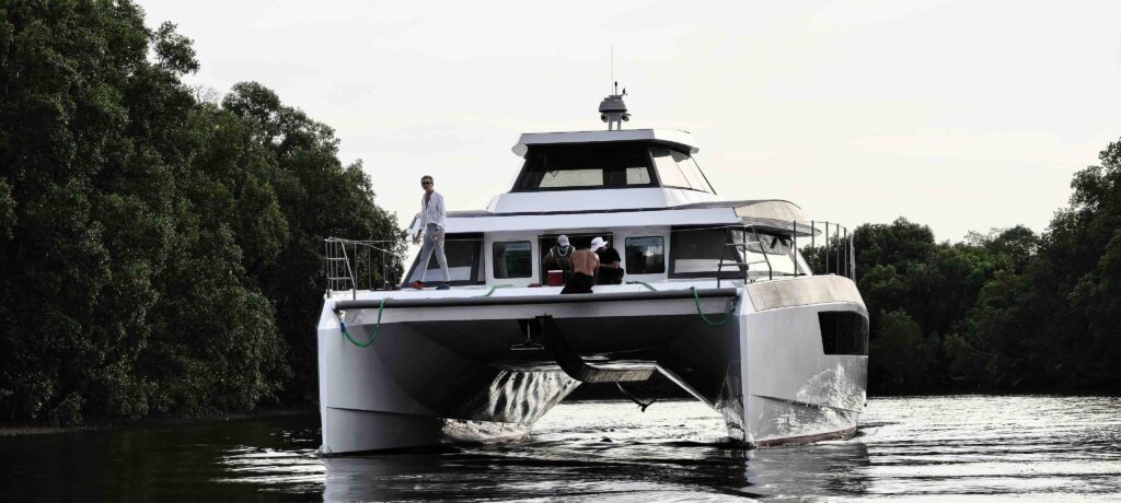 Luxury catamaran front on 