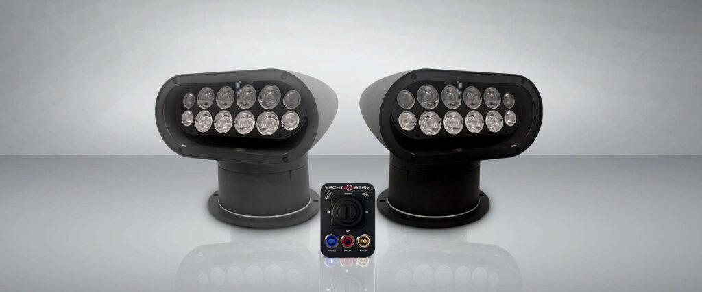 Image of two boat searchlights with joystick control in foreground