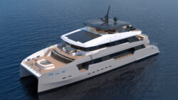 Front and side image of CL Yachts rendering of CLC115 catamaran