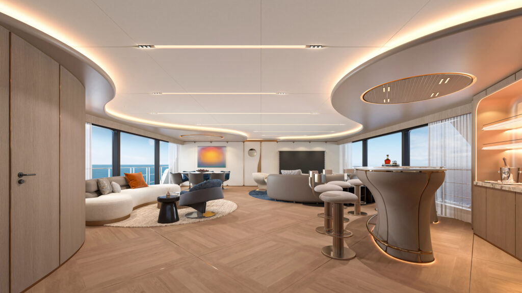 Rendering of main saloon of CLC115 CL Yachts catamaran