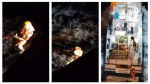 تم إنزال المنقذ من طائرة هليكوبتر إلى سفن الصيد لإنقاذ عائلة مكونة من خمسة أفراد غرق قاربهم بالفعل بواسطة الحوت القاتل