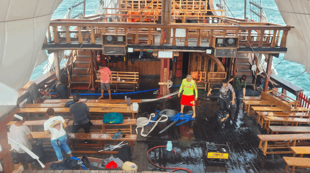onboard deck of Marigalante, a replica of Christopher Columbus’ famed galleon as people battle to save it from flooding