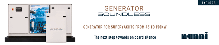 Banner promoting Nanni Industries’ soundless generators for superyachts, offering power from 45 to 150kW, designed for quiet operation onboard. Also, gives details of the company’s stands at upcoming boat show, Metstrade.
