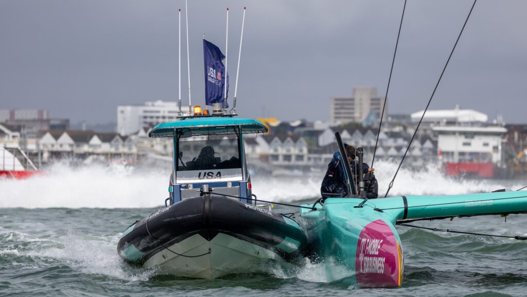 View of bow of Protector Boats at SailGP in Portsmouth