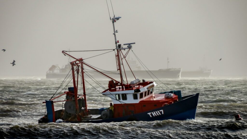 A trawler in rough seas off Teignmouth