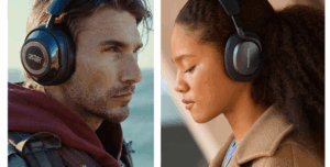 man and women modelling headphones