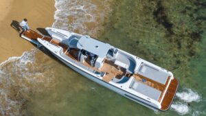 aerial view of Cockwells' 10m Beach Lander Tender - on sandy shore