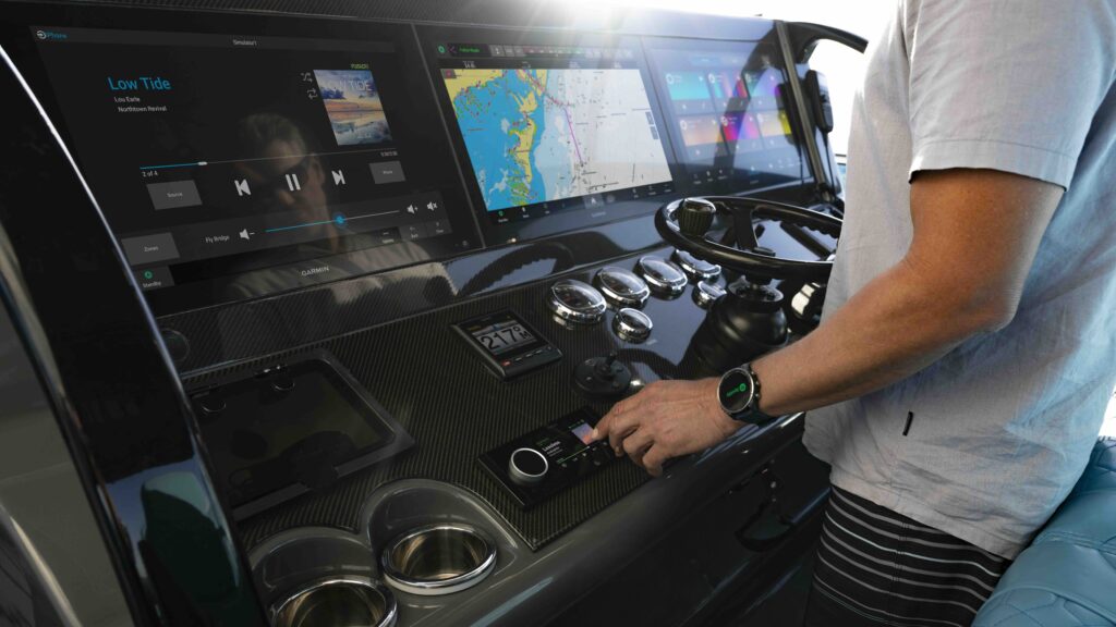 helm of luxury yacht with multifunction displays