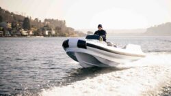 RIB tender on the water with wake