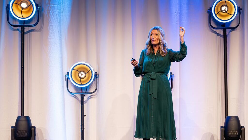 Le Boat Managing Director Cheryl Brown on stage