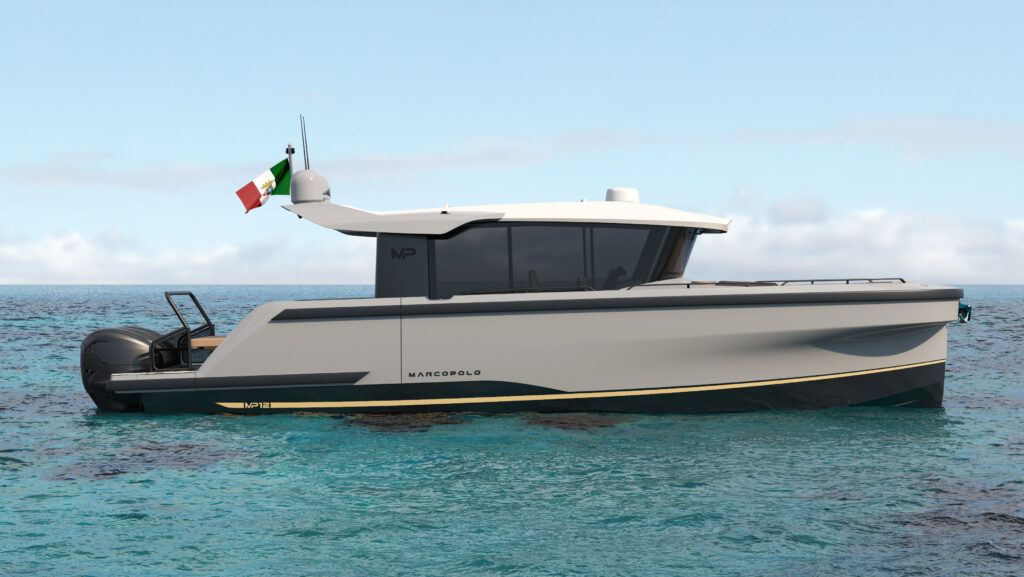 Side view rendering of white boat from marcopolo adventure yachts