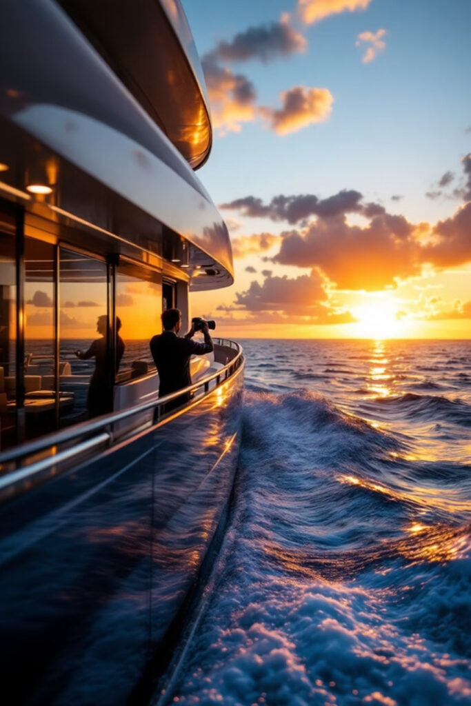 photographer stands on boat taking picture of sunrise