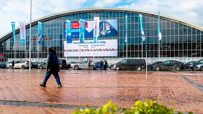 Exterior shot of car park in front of one of Metstrade halls