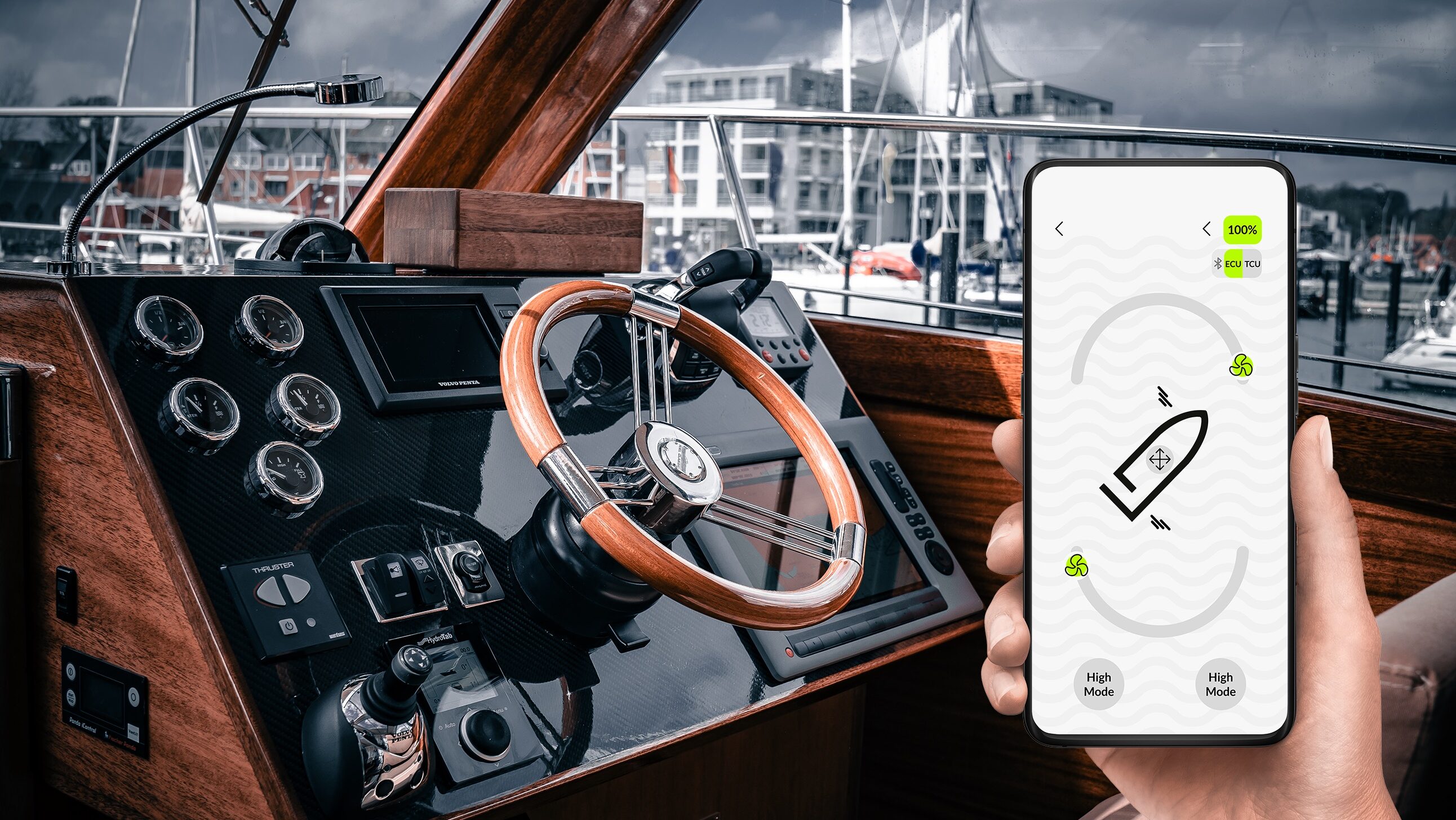 a mock up of smartdock system on phone at helm of boat