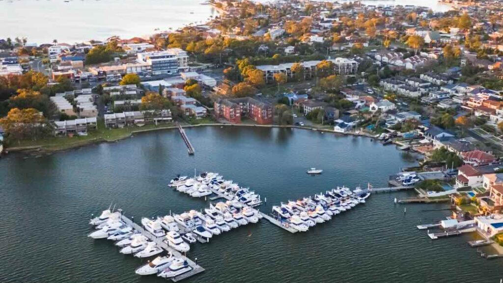 birds eye of small marina in Sydney suburb