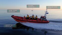 A boat at sea, with MarineShift360 Impact Accelerator graphics overlaid