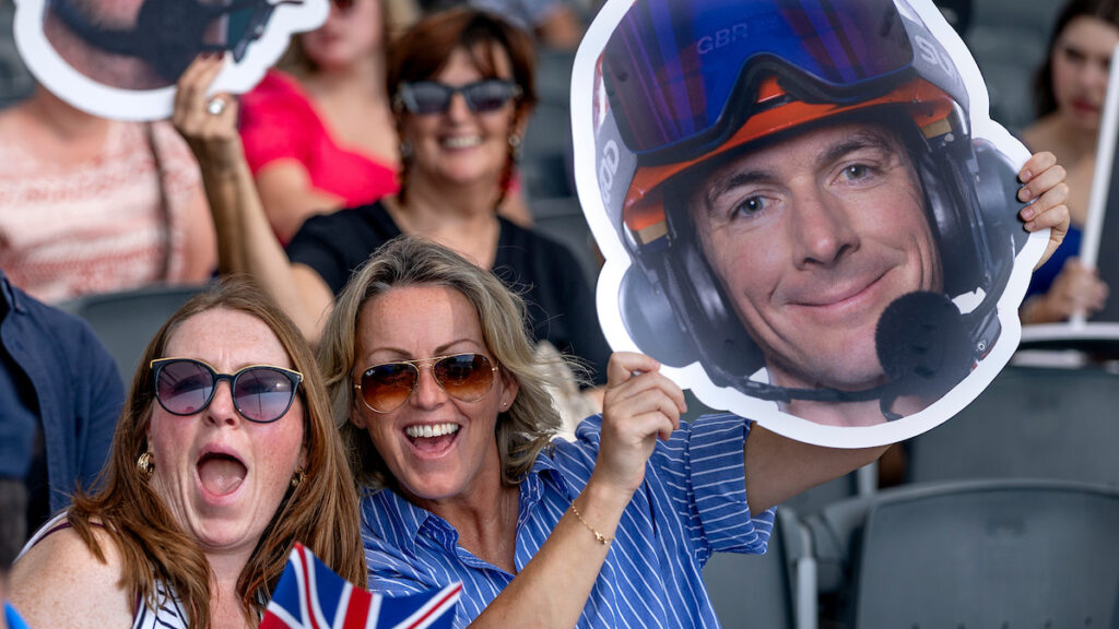 Spectators in the grandstand in the SailGP Race Stadium on Race Day 2 of the Mubadala Abu Dhabi Sail Grand Prix 2025 Season Grand Final presented by Abu Dhabi Sports Council held in Abu Dhabi, United Arab Emirates, Sunday 30 November 2025. Rolex SailGP Championship Event 12 2025 Season. Photo: Christopher Pike for SailGP. Handout image supplied by SailGP