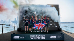 Emirates Great Britain SailGP Team, celebrates after winning the Rolex SailGP Championship trophy following victory in the Grand Final on Race Day 2 of the Mubadala Abu Dhabi Sail Grand Prix 2025 Season Grand Final presented by Abu Dhabi Sports Council held in Abu Dhabi, United Arab Emirates, Sunday 30 November 2025. Rolex SailGP Championship Event 12 2025 Season. Photo: Andrew Baker for SailGP. Handout image supplied by SailGP