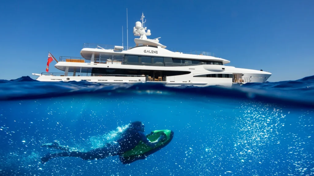 Nadador com Seabob submerso e superiate acima da água