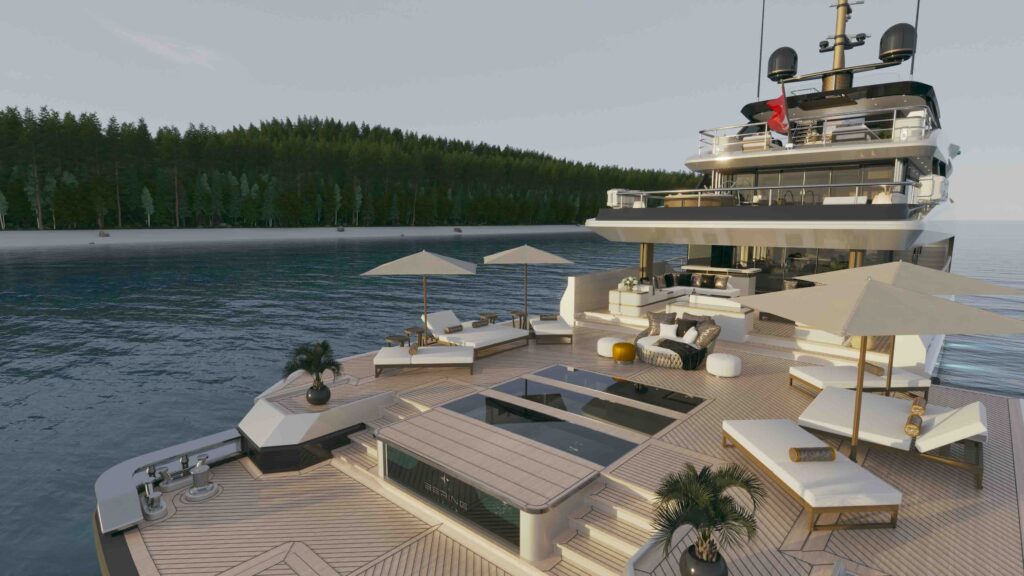 Beach club deck of Bering 165 explorer superyacht