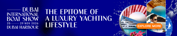 Banner promoting the Dubai International Boat Show 2026, highlighting luxury yachting lifestyle. Dates: November 25-19, 2026, Dubai Harbour.