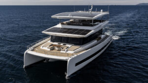 80ft catamaran with solar panels on roof