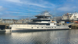 50-metre JFA Yachts white-hulled motor yacht being launched