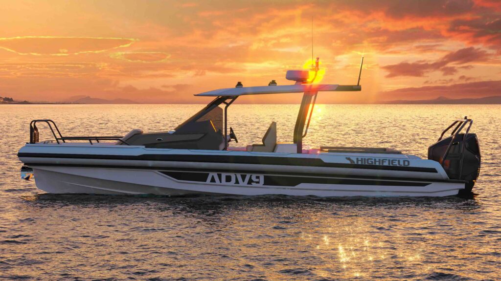 RIB boat at sunset at anchor