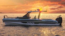 RIB boat at sunset at anchor