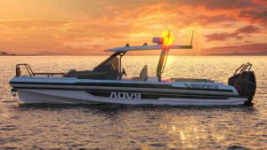 RIB boat at sunset at anchor