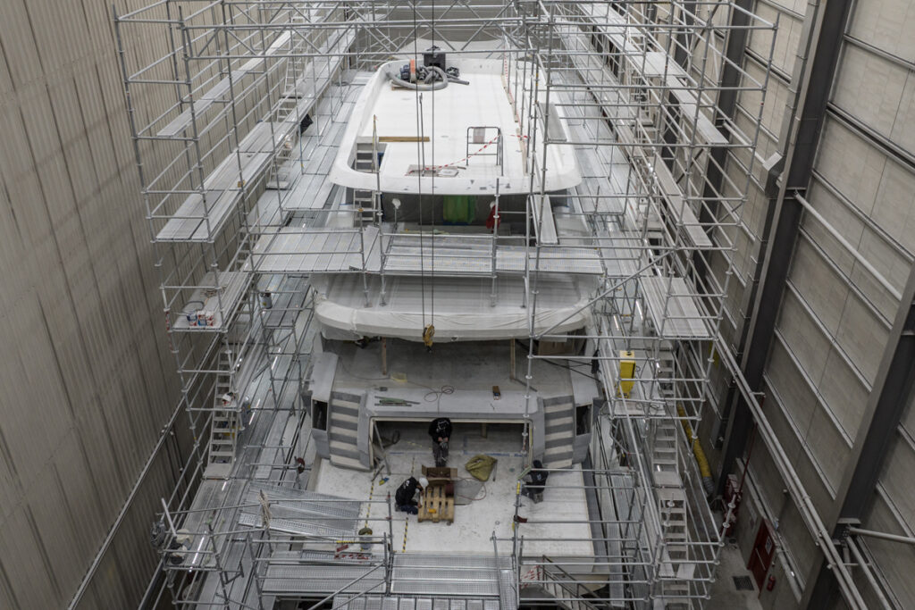aerial view of Sirena Yachts 118 inbuild in shed