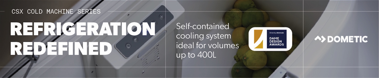 Advertisement for Dometic's CSX Cold Machine Series featuring a self-contained refrigeration system with up to 400L capacity.