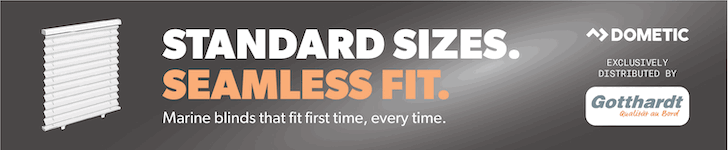 Banner promoting marine blinds by Dometic, highlighting standard sizes and seamless fit, exclusively distributed by Gotthardt.