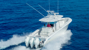 Three outboard motors on the stern of a Twin Vee Powercats' vessel